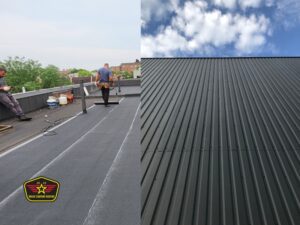 Bravo Company Roofing Two images: left shows workers installing a flat roof, right shows a close-up of a metal panel roof against a partly cloudy sky. Mainstar General Contracting logo is in the bottom left.