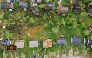 Bravo Company Roofing Aerial view of residential neighborhood with significant storm damage, fallen trees, and debris scattered across yards and roofs. Emergency services emblem visible in lower left corner.