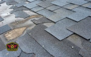 Bravo Company Roofing Close-up of damaged, lifting asphalt roof shingles with exposed nails. A roofing company logo appears in the lower left corner of the image.